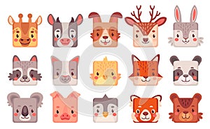 Animal square face. Cartoon cute animals muzzles, mobile ui game avatar comic child character kawaii head panda dog cat