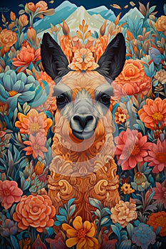 an animal that is staring through some flowers is shown in this picture