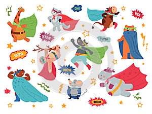 Animal superhero. Cartoon child animals, hero costume on cat giraffe. Brave wild bear wolf, wild character in superman