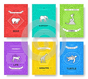 animal thin line brochure cards set. Wildlife template of flyear, magazines, posters, book cover, banners. Elements outline invita
