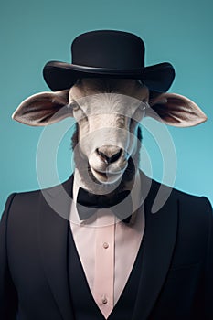 an animal with a top hat and bow tie on a green background