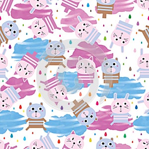 Animal toy rain drop watercolor cloud seamless pattern