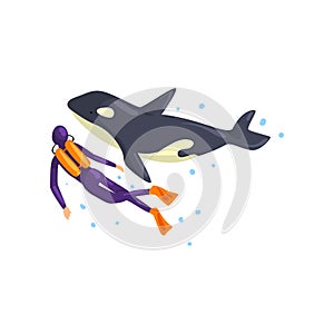Animal trainer and orca performing in public in dolphinarium vector Illustration on a white background