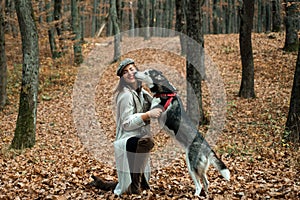 Animal training. Pedigree dog concept. Best friends. Girl enjoy walk with husky dog. Siberian husky favorite pet. Animal