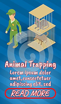 Animal trapping concept banner, comics isometric style