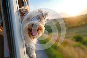 animal travel, happy dog with head out of the car window having fun, traveling concept