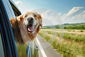 animal travel, happy dog with head out of the car window having fun, traveling concept