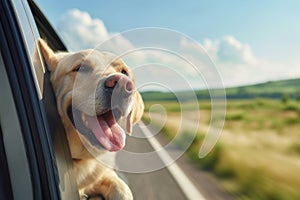 animal travel, happy dog with head out of the car window having fun, traveling concept