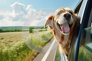 animal travel, happy dog with head out of the car window having fun, traveling concept