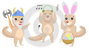 Animal Tupaia Viking With Ax And Helmet, In Bunny Ears With A Basket Of Eggs, Listening To Music Vector