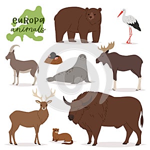 Animal vector animalistic character in forest bear deer elk of Europe wildlife illustration set of European predator