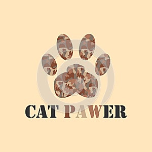 Animal vector pattern design with cat paw print in military desert camouflage and wordplay cat pawer converted from cat power