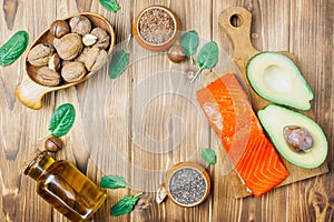 Animal and vegetable sources of omega-3 acids as salmon, avocado, linseed, oil, nuts, chia seeds, spinach