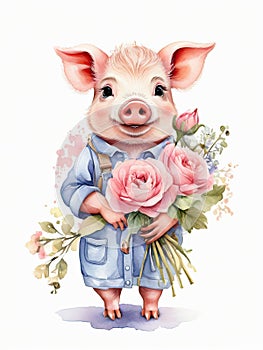 Animal watercolor illustration. Colorful painting of a cute pig