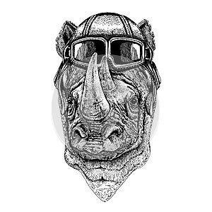 Animal wearing aviator helmet with glasses. Vector picture. Rhinoceros, rhino Hand drawn illustration for tattoo, emblem