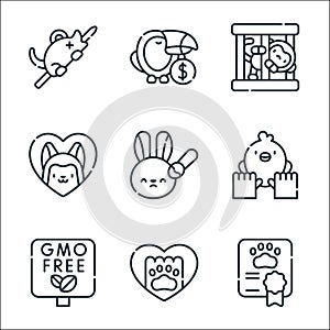 animal welfare line icons. linear set. quality vector line set such as certificate, paw, gmo, animal care, animal testing, pets,