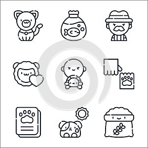 Animal welfare line icons. linear set. quality vector line set such as food, dog, vaccination, paw, wildlife, animals, hunter,