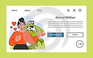 Animal welfare web banner or landing page. Cows grazing in the meadow.