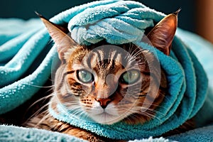 Animal wellness and relaxation pampering care, cat wrapped in spa bath towel