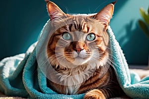 Animal wellness and relaxation pampering care, cat wrapped in spa bath towel