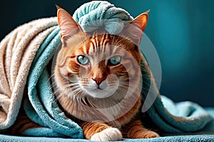 Animal wellness and relaxation pampering care, cat wrapped in spa bath towel