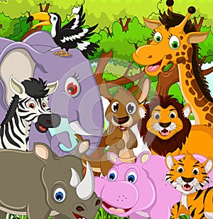 Animal wildlife cartoon with tropical forest background