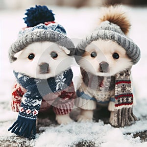 Animal winter concept, little cheerful dogs dressed in winter woolen clothes, scarf and hat. ai generative