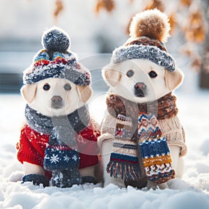 Animal winter concept, little cheerful dogs dressed in winter woolen clothes, scarf and hat. ai generative