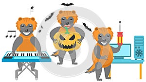 Animal Wolverines Fixing A Computer, Stands With A Pumpkin And Bats Around, Plays The Synthesizer
