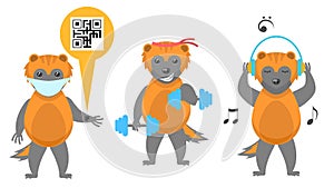 Animal Wolverines With Qr Code On Hand, Listening To Music On Headphones, Goes In For Sports With Dumbbells