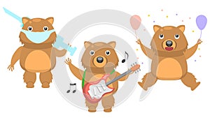 Animal Wombats Celebrating Birthday, Plays The Electric Guitar, Masked Doctor With Syringe Vector