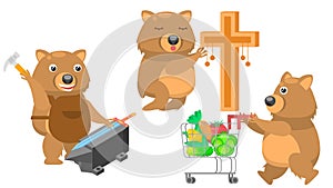 Animal Wombats Knocks On The Anvil With A Hammer, Pulling A Grocery Cart, Pray Before The Cross Vector Design Fauna Wildlife