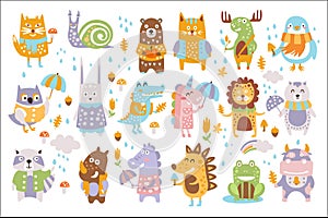 Animal Woodland Autumn Vector Set. Cartoon of cute animals vector set