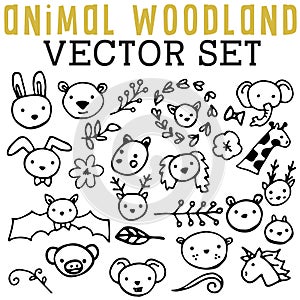 Animal Woodland Vector Set with bunnies, bears, elephants, deer, bats, pigs, unicorns, giraffes, and foxes.