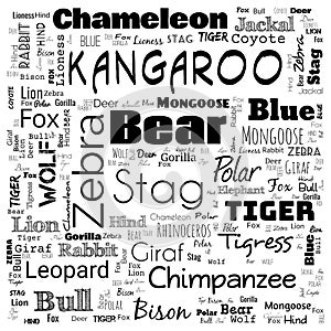 animal word cloud, word cloud use for banner, painting, motivation, web-page, website background, t-shirt & shirt printing, poster