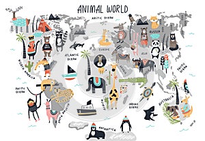 Animal World Map - cute cartoon hand drawn nursery print in scandinavian style. Vector illustration