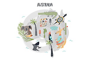 Animal World Map - mainland Australia. Cute hand drawn nursery print in scandinavian style. Vector illustration