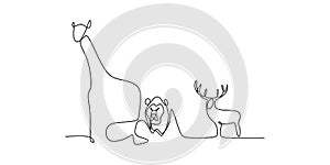 Animal zoo continuous line drawing of elephant, lion, deer, bird, and giraffe vector illustration