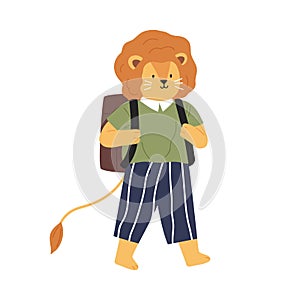 Animalistic childish character or lion cub going to school. Smart lionet pupil in clothes carry backpack. Flat vector