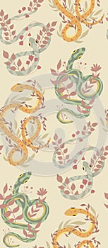 Animalistic texture with curled green and yellow serpents and herbs in pastel colors. Vector seamless pattern with snakes and