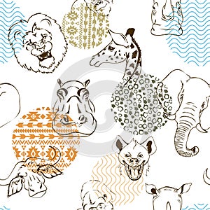 Animals of Africa and ornaments  on a white background