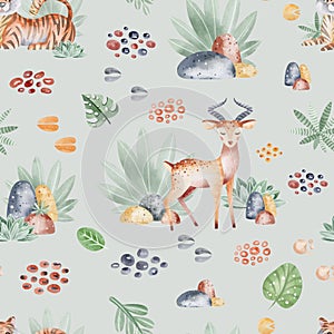 Animals of Africa seamless pattern with tropical leaves. Watercolor seamless pattern.