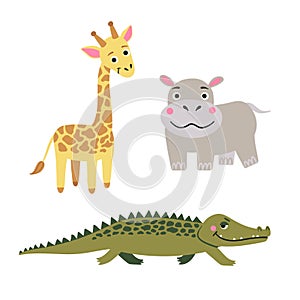 Animals of Africa. Vector set of cartoon jungle animals: crocodile, hippo, giraffe. Vector illustration