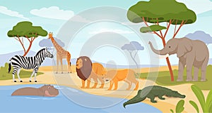 Animals from the African continent at watering holes on the background of nature in a cartoon style. Carnivores and