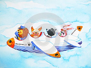 Animals airlines funny cartoon watercolor painting illustration