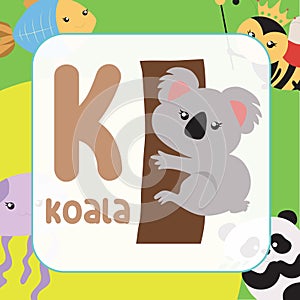 animals alphabet flashcard for toddlers. Cute animal vector design. K for Koala