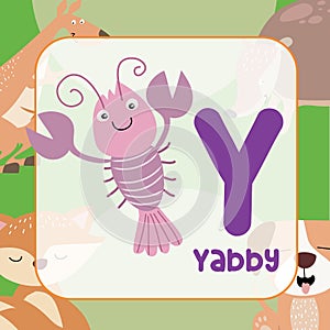 animals alphabet flashcard for toddlers. Cute animal vector design. Y for Yabby