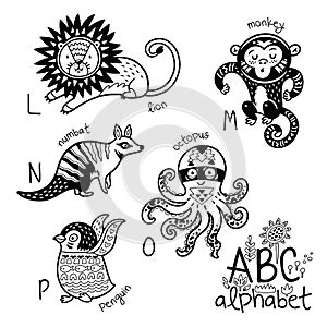 Animals alphabet L - P for children. Vector coloring page