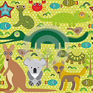 Animals Australia snake, turtle, crocodile, alliagtor, kangaroo, dingo. Seamless pattern on green background. Vector