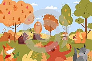 Animals in autumn nature, cartoon happy wild animalistic characters in forest